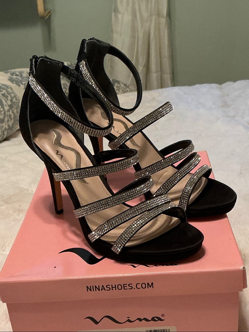 Nina Black Heels with Sparkling Crystal Straps